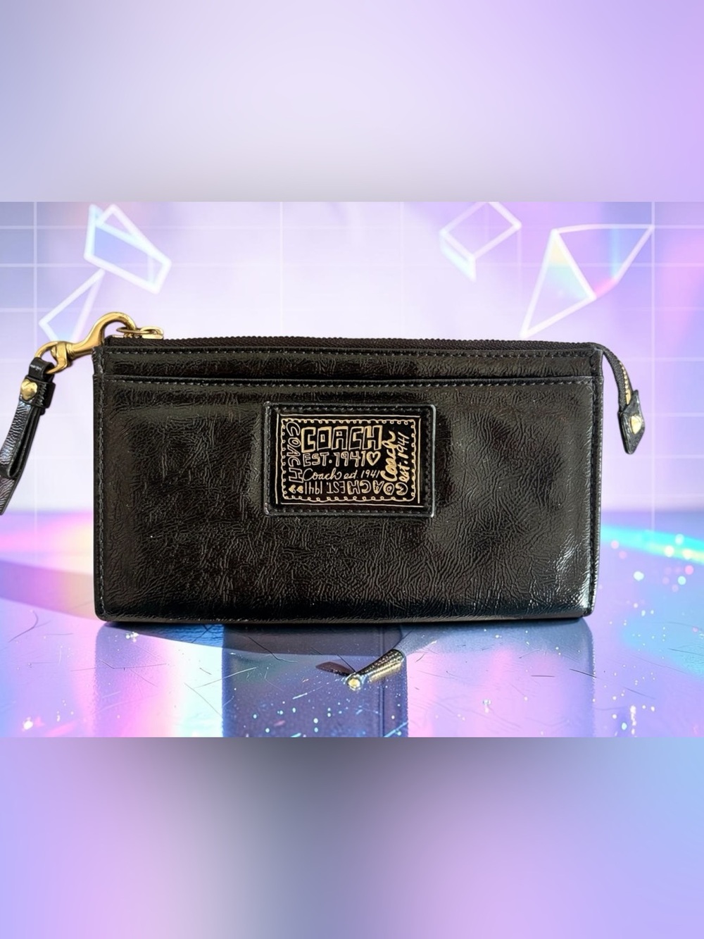 COACH Poppy Black Patent Leather Zip Wristlet Wallet Y2K Gold Patch